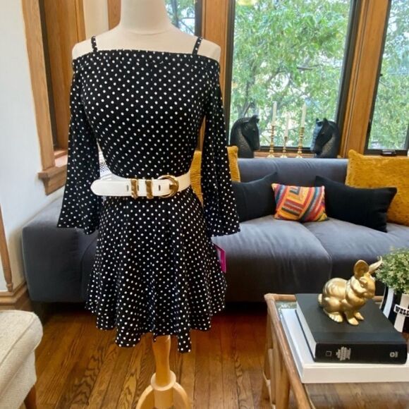 Peak 90s Gal Vintage Deadstock Off Shoulder Polka Dot Mini - Picture 7 of 14